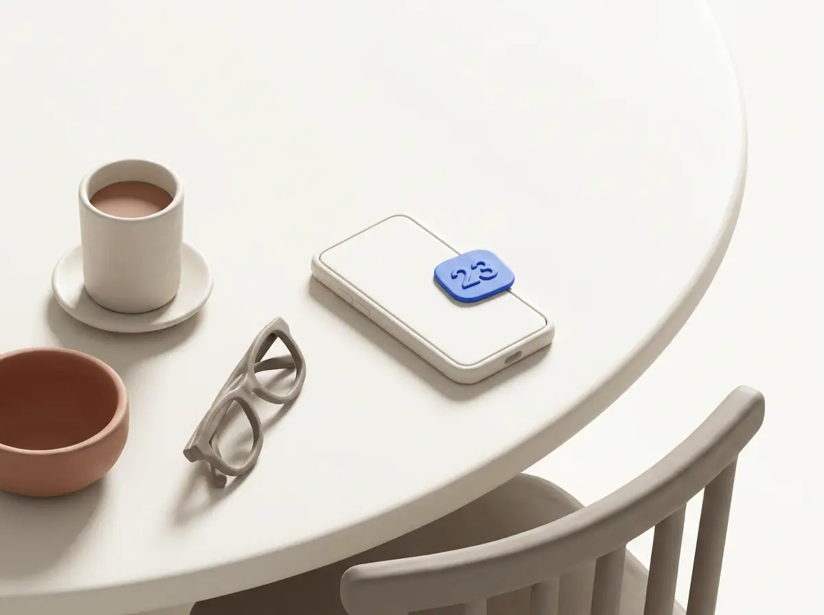 A clay-model scene of a table at home: a phone showing a blue token numbered 23, a glass of tea, a pair of glasses and a terracotta bowl.